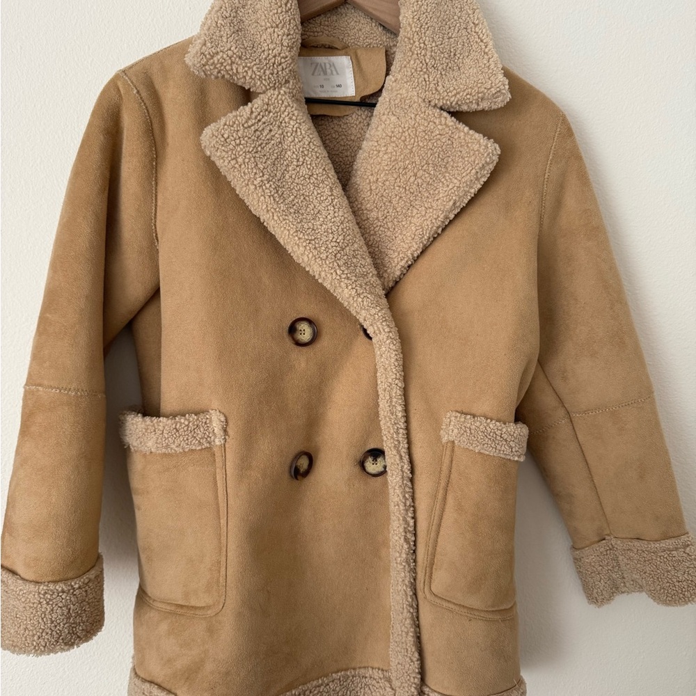 Zara Kids Camel Pea Coat with Shearling Trim